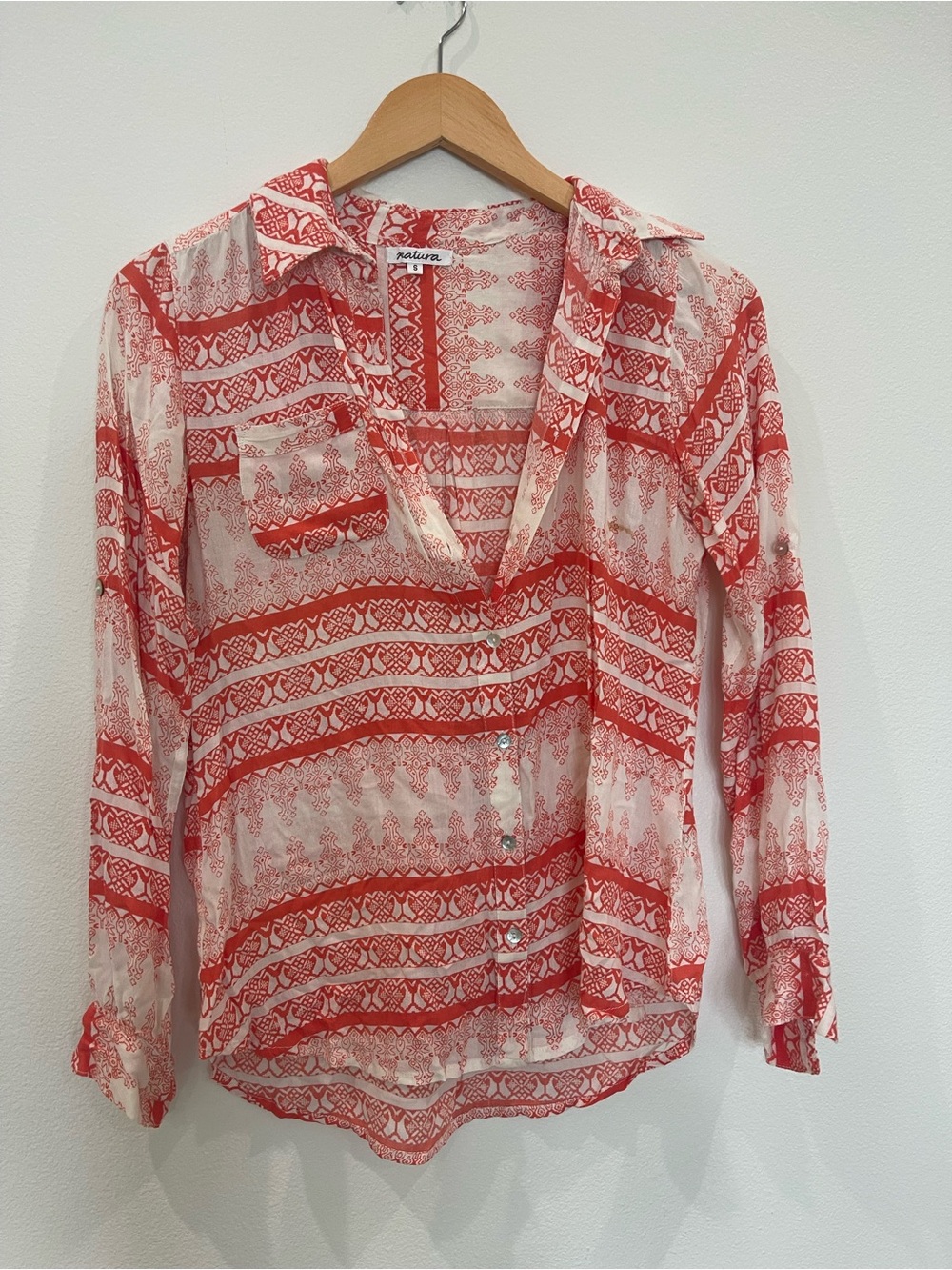 Natori Red and White Patterned V-Neck Sheer Blouse